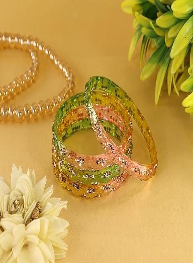 BANGLESKART Gemstone Glass Bangles Crystal Kada Set For Women & Girls Adorned With Golden Zircon Stones Trending Girls Bangles Kada Transparent For Wedding, Party, Daily, Ethnic Set Of 4 LightMulti - Image 3