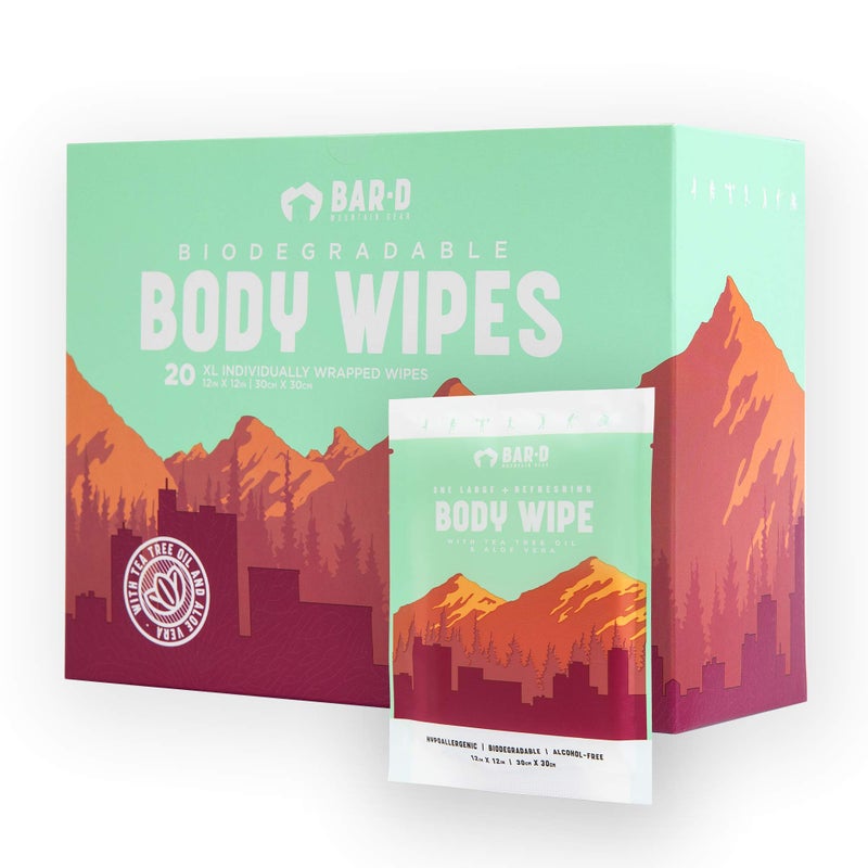 Bar-D Mountain Gear Bar-D Cleansing Face & Body Wipes for Women and Men - Individually Wrapped Biodegradable Shower Wipes with Tea Tree Oil & Aloe Vera (20 Count/Box) - Image 1