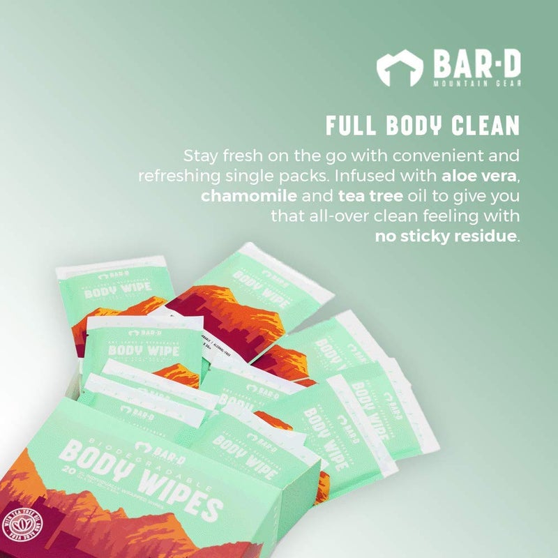 Bar-D Mountain Gear Bar-D Cleansing Face & Body Wipes for Women and Men - Individually Wrapped Biodegradable Shower Wipes with Tea Tree Oil & Aloe Vera (20 Count/Box) - Image 3