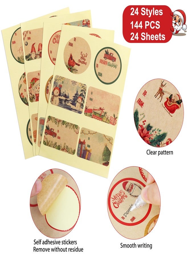 Giiffu Christmas Gift Label Stickers, 144 Count Self-Adhesive Name Tags for Holiday Presents, Vintage Kraft Xmas Stickers with 24 Designs for Gift Wrapping - Image 2