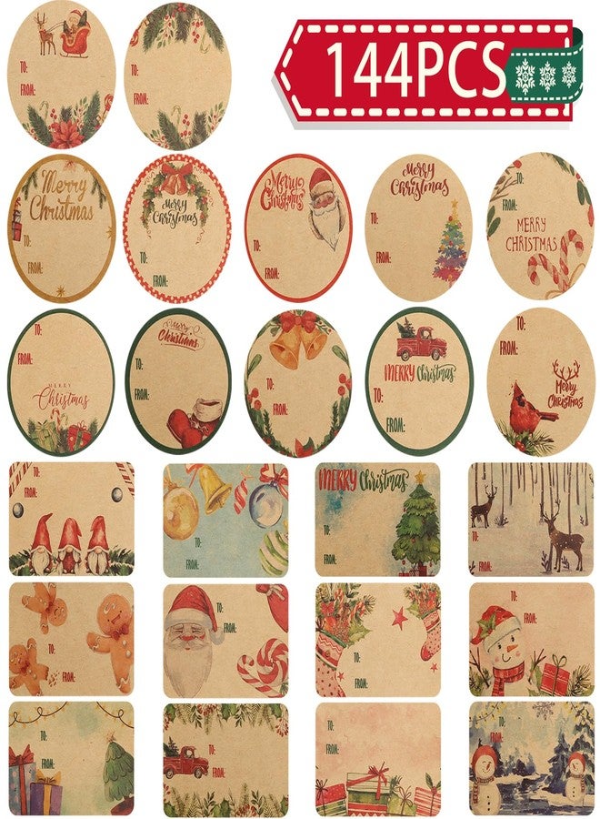 Giiffu Christmas Gift Label Stickers, 144 Count Self-Adhesive Name Tags for Holiday Presents, Vintage Kraft Xmas Stickers with 24 Designs for Gift Wrapping - Image 1