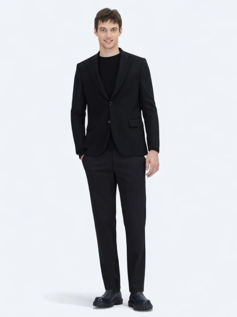 Kip Black Plain Modern Fit Wool Blended Jacket