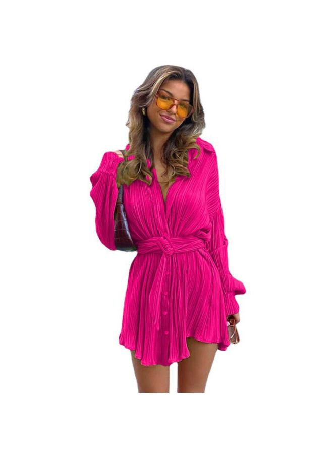 Women's New Shirt Collar Fashion Women's Elastic Waist Pleated Long Sleeve Lace-up Dress