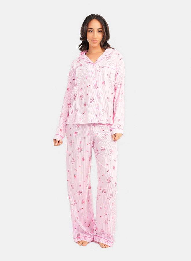 Striped Printed Pink Pyjama Set