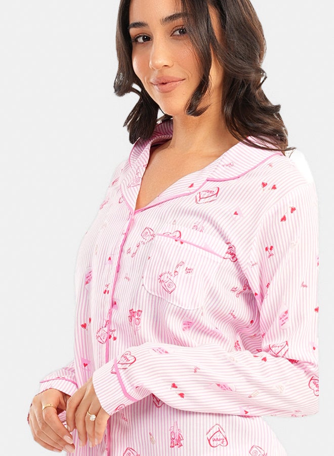 Striped Printed Pink Pyjama Set