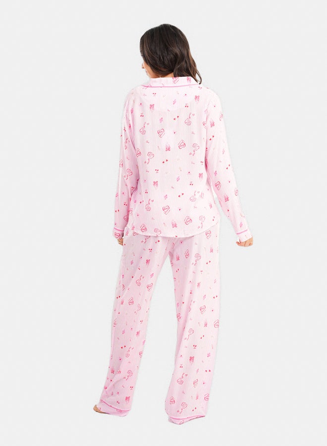 Striped Printed Pink Pyjama Set