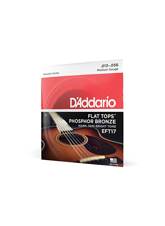 D'Addario Guitar Strings - Acoustic Guitar Strings - Flat Tops Phosphor Bronze - For 6 String Guitar - Warm, Semi-Bright Tone - EFT17 - Medium, 13-56