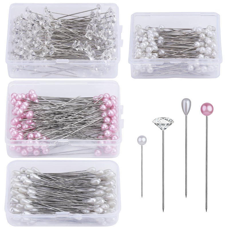 Kogyxe 400 Pcs Bouquet Pins Corsage Pins, 4 Styles Straight Pins Crystal Head Pearl Head Flower Pins for DIY Decoration, Wedding, Jewelry Flower Decoration - Image 1