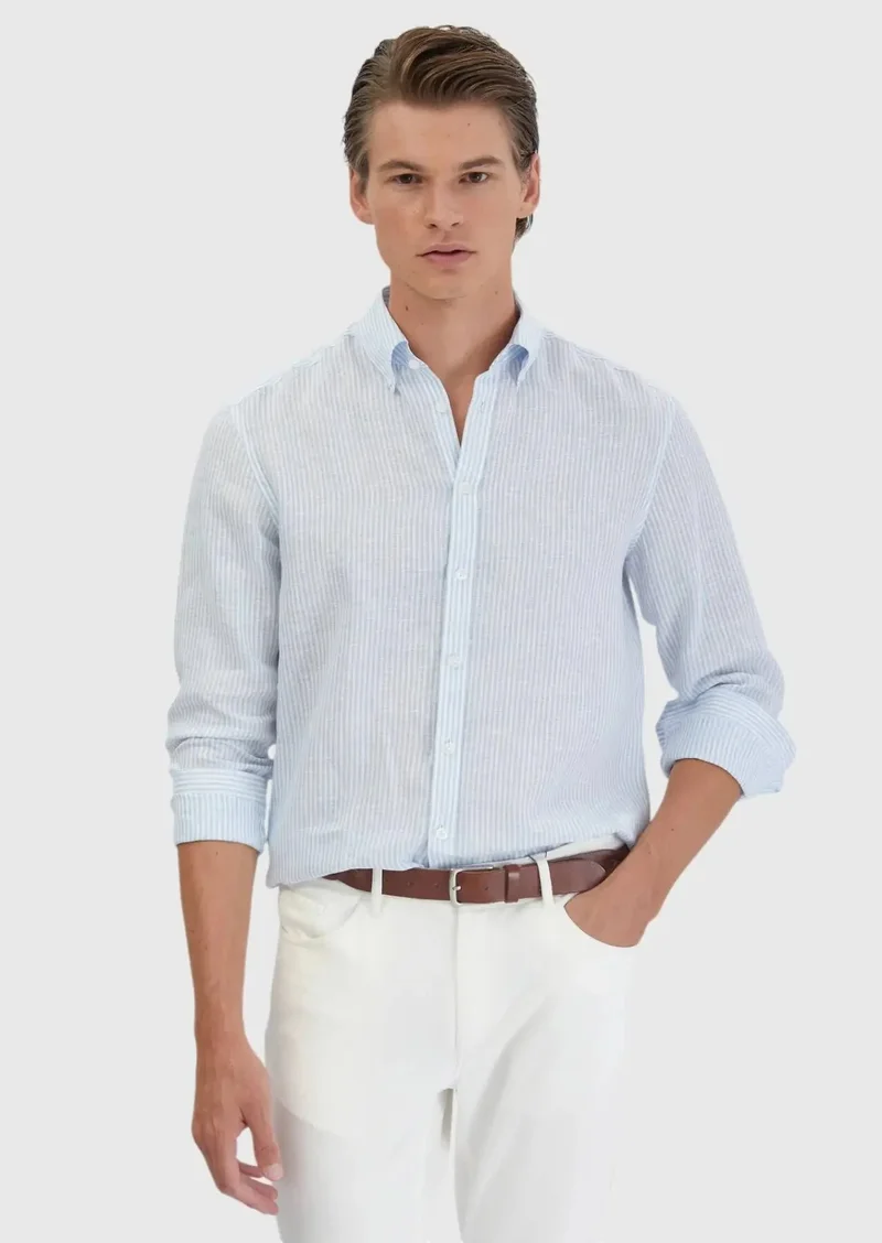 رامسي قميص كتان أزرق مخطط بقصة كاجوال، مصنوع من قماش الكتان بنسبة 100%