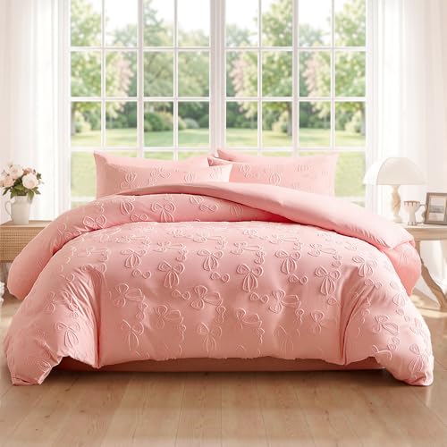 Jameswish 7 Pieces Bow Comforter Set for Girls Kids Pink Tufted Boho Bedding Set Queen Size Farmhouse Bed in A Bag as Gifts (1 Comforter, 1 Flat Sheet, 1 Fitted Sheet, 2 Pillowcase and 2 Pillow Sham) - Image 1