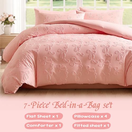 Jameswish 7 Pieces Bow Comforter Set for Girls Kids Pink Tufted Boho Bedding Set Queen Size Farmhouse Bed in A Bag as Gifts (1 Comforter, 1 Flat Sheet, 1 Fitted Sheet, 2 Pillowcase and 2 Pillow Sham) - Image 4