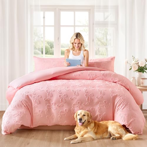 Jameswish 7 Pieces Bow Comforter Set for Girls Kids Pink Tufted Boho Bedding Set Queen Size Farmhouse Bed in A Bag as Gifts (1 Comforter, 1 Flat Sheet, 1 Fitted Sheet, 2 Pillowcase and 2 Pillow Sham) - Image 5