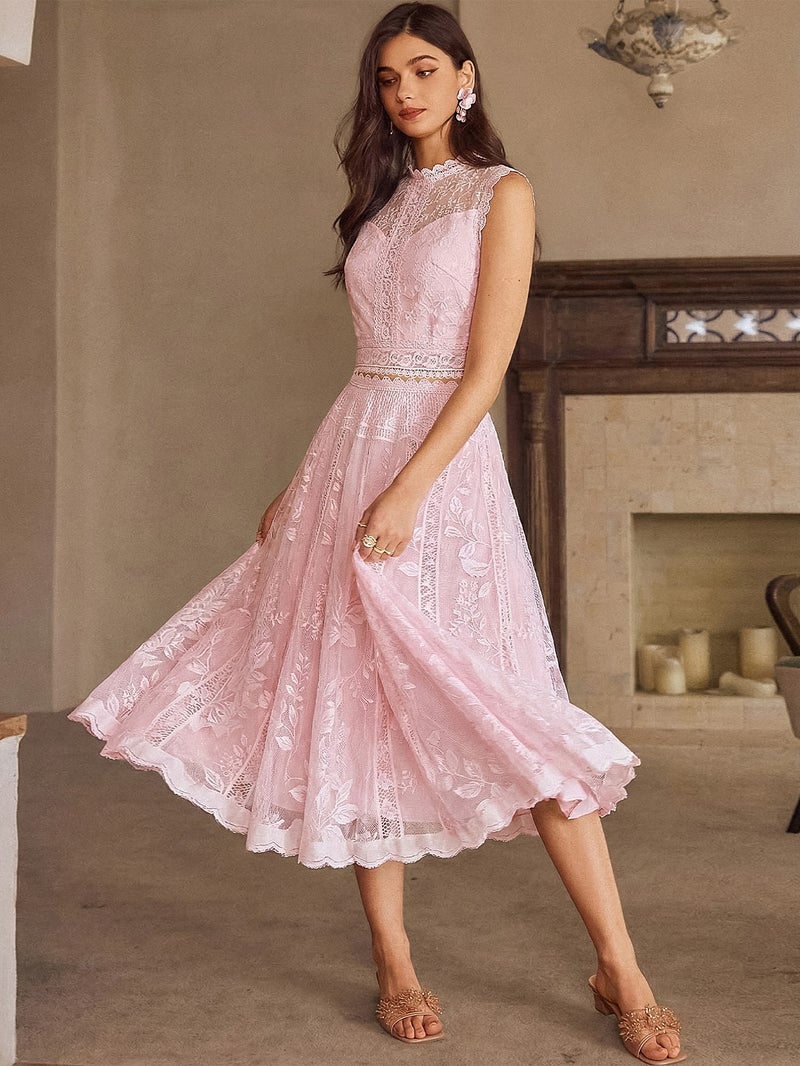 SIMPLEE Elegant Lace Midi Dress with Embroidery | Perfect for cocktail parties, holiday weddings, evening events, casual summer parties, and beach vacations. - Image 5
