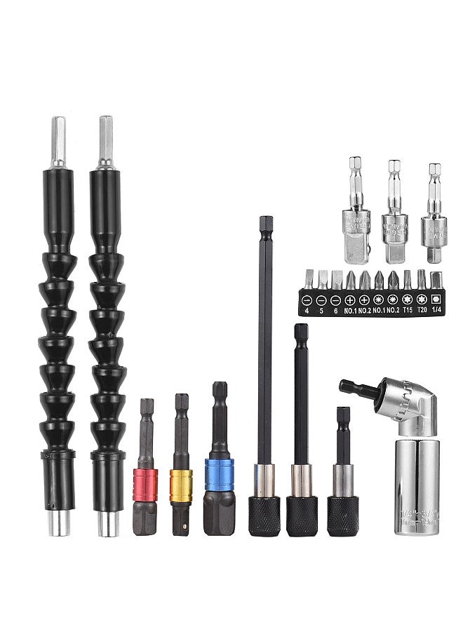 Generic - 23pcs Wrench Socket Extension Bar Kit Universal Socket Wrench Tool Set Hex Shank 105°Right Angle Adapter Drill Attachment and Die Pipe Wrench Flexible Drill Bits Soft Shaft Drill Bit - Image 1