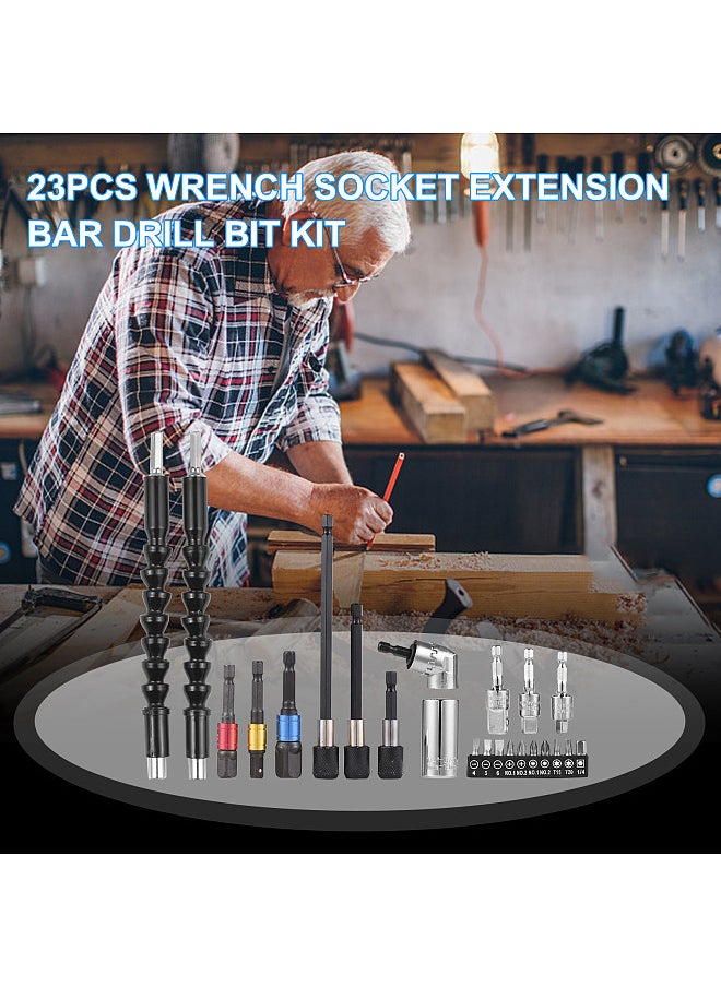 Generic - 23pcs Wrench Socket Extension Bar Kit Universal Socket Wrench Tool Set Hex Shank 105°Right Angle Adapter Drill Attachment and Die Pipe Wrench Flexible Drill Bits Soft Shaft Drill Bit - Image 1