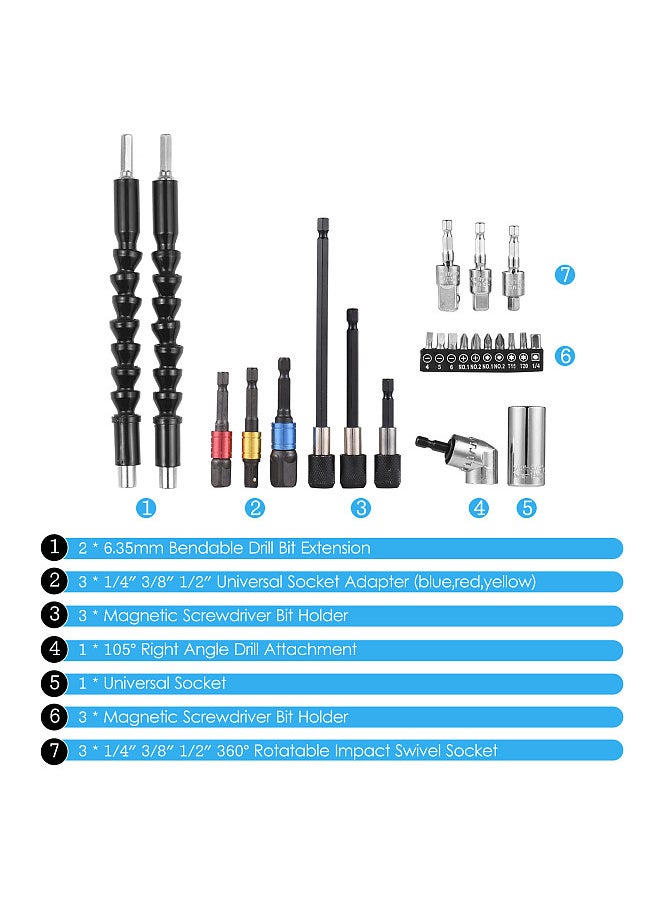 Generic - 23pcs Wrench Socket Extension Bar Kit Universal Socket Wrench Tool Set Hex Shank 105°Right Angle Adapter Drill Attachment and Die Pipe Wrench Flexible Drill Bits Soft Shaft Drill Bit - Image 1
