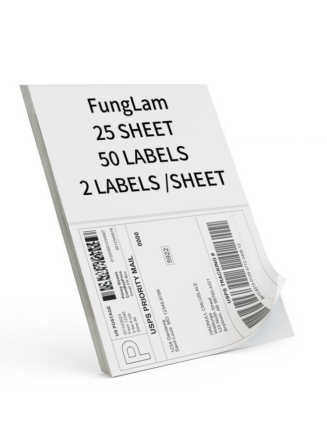 Half Sheet Shipping Labels 8.5x5.5 Inches, FungLam Half Page Labels, 8.5”x11” Self Adhesive Shipping Labels for Laser&Inkjet Printers, White Mailing Address Labels, 2 Labels Per Sheet, 50 Labels.