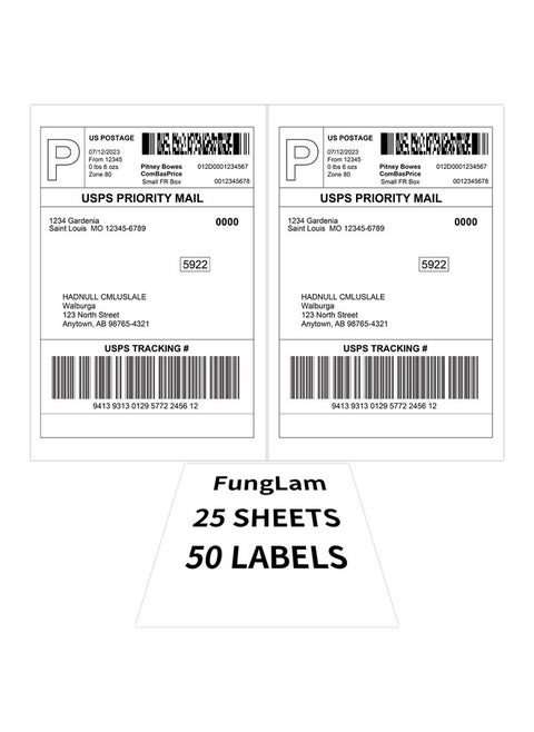 Half Sheet Shipping Labels 8.5x5.5 Inches, FungLam Half Page Labels, 8.5”x11” Self Adhesive Shipping Labels for Laser&Inkjet Printers, White Mailing Address Labels, 2 Labels Per Sheet, 50 Labels.