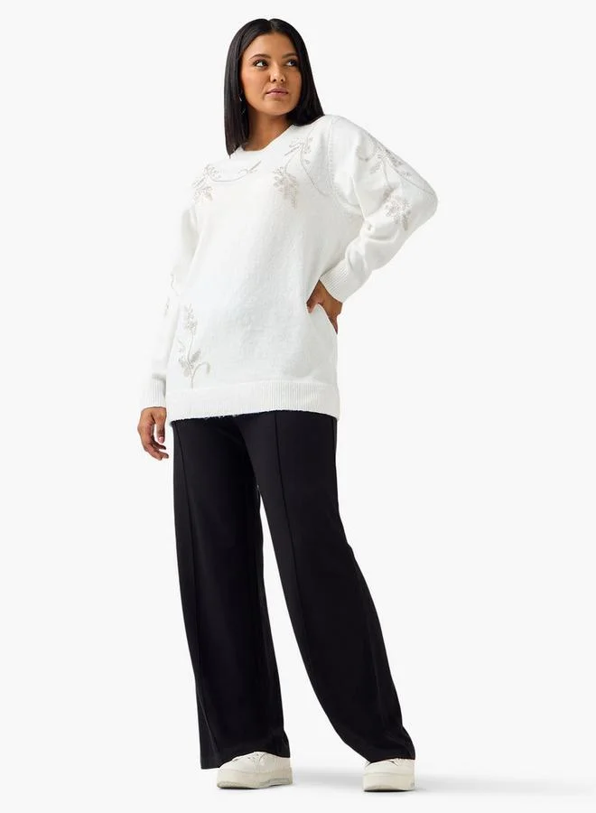 Ulla Popken Ulla Popken Relaxed Fit Embellished Round Neck Sweater