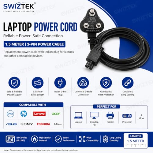 Swiztek Laptop Power Cord 1.5 Meter | 3-Pin Charger Cable for Dell, HP, Lenovo, Acer, Asus, Sony, Toshiba | Replacement Power Cable with Indian Plug - Image 3