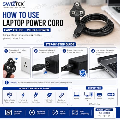 Swiztek Laptop Power Cord 1.5 Meter | 3-Pin Charger Cable for Dell, HP, Lenovo, Acer, Asus, Sony, Toshiba | Replacement Power Cable with Indian Plug - Image 2