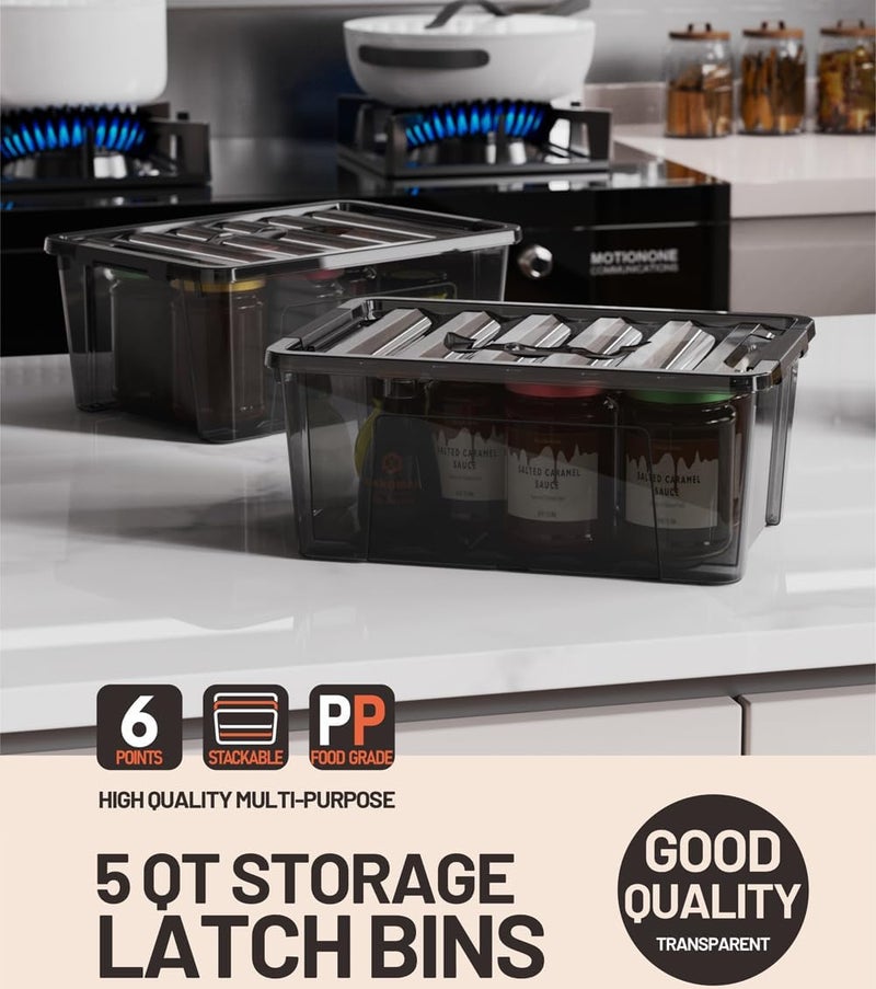 WYT 5-Quart Small Plastic Storage Container Bin with Secure Lids and Latch Buckles, Black Clear Durable Stackable Nestable Organizin, 6-Pack - Image 5