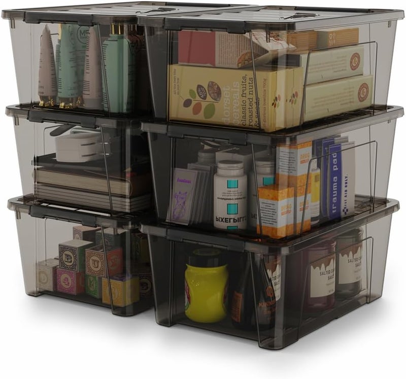 WYT 5-Quart Small Plastic Storage Container Bin with Secure Lids and Latch Buckles, Black Clear Durable Stackable Nestable Organizin, 6-Pack - Image 1