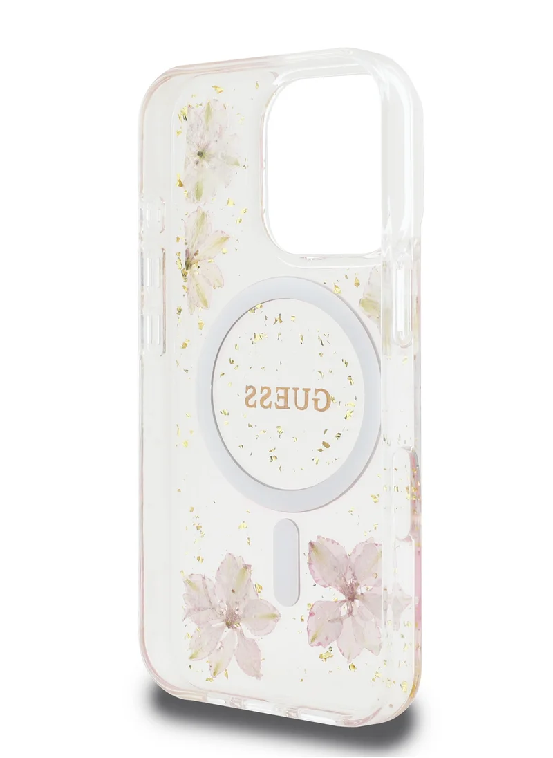 GUESS Magsafe Hard Case with Resin Flowers Design For iPhone 16 Pro Max / Drop protection / Comfortable Grip- Pink