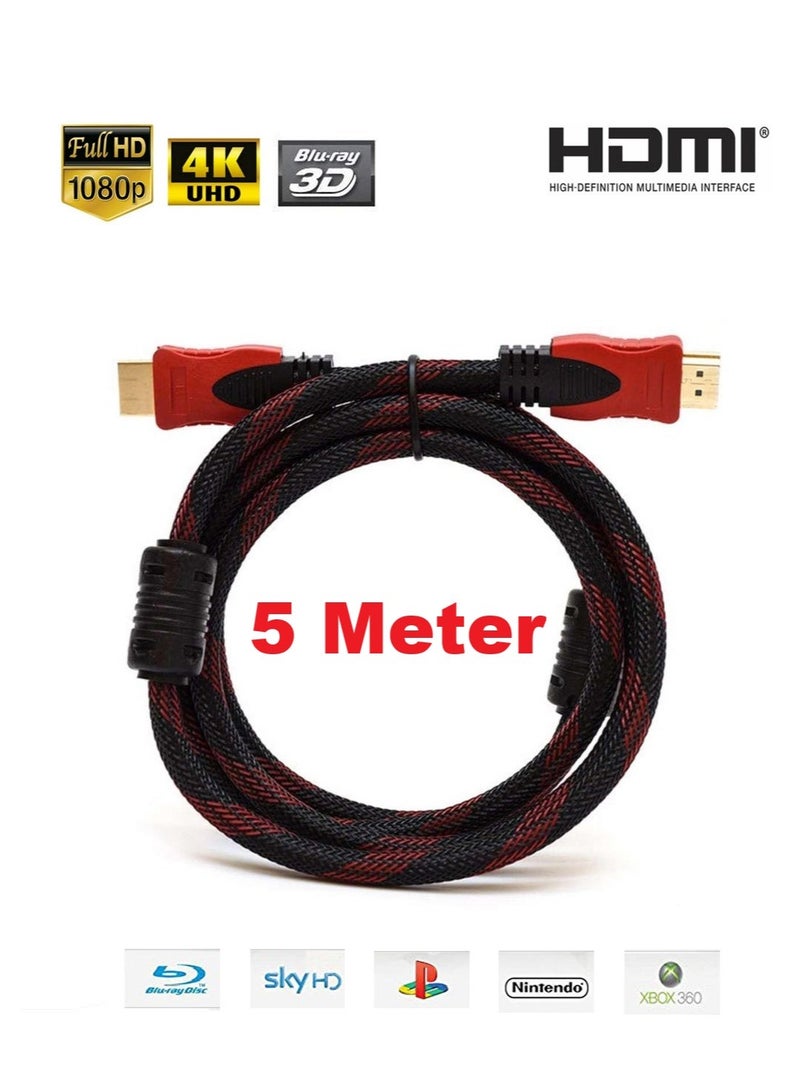 HDMI Male to HDMI Male Cable – 5M (Red & Black Braided) - Image 1
