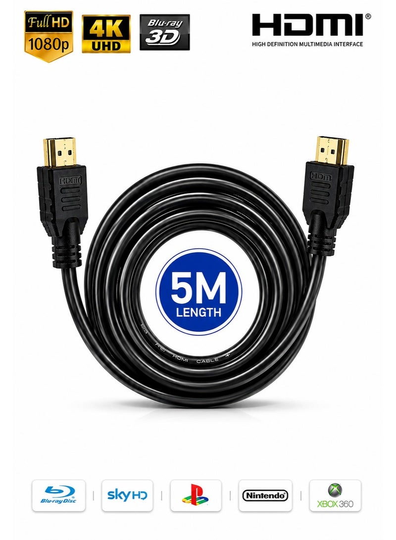 كيبل HDMI ذكر إلى HDMI ذكر بطول 5 متر – كيبل عالي السرعة Full HD 1080P للتلفزيون والشاشات والبروجكتر والبلايستيشن واللاب توب – أسود - Image 1