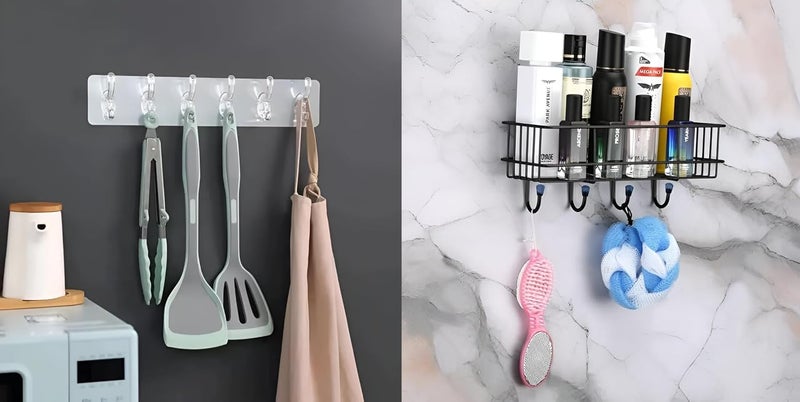 Self Adhesive HeavyDuty Plastic Wall Hooks 6in1 Organizer Pack of 2 NoDrill WallMount Organizer with Hooks Bathroom Rack with 4 Hooks Pack of 2