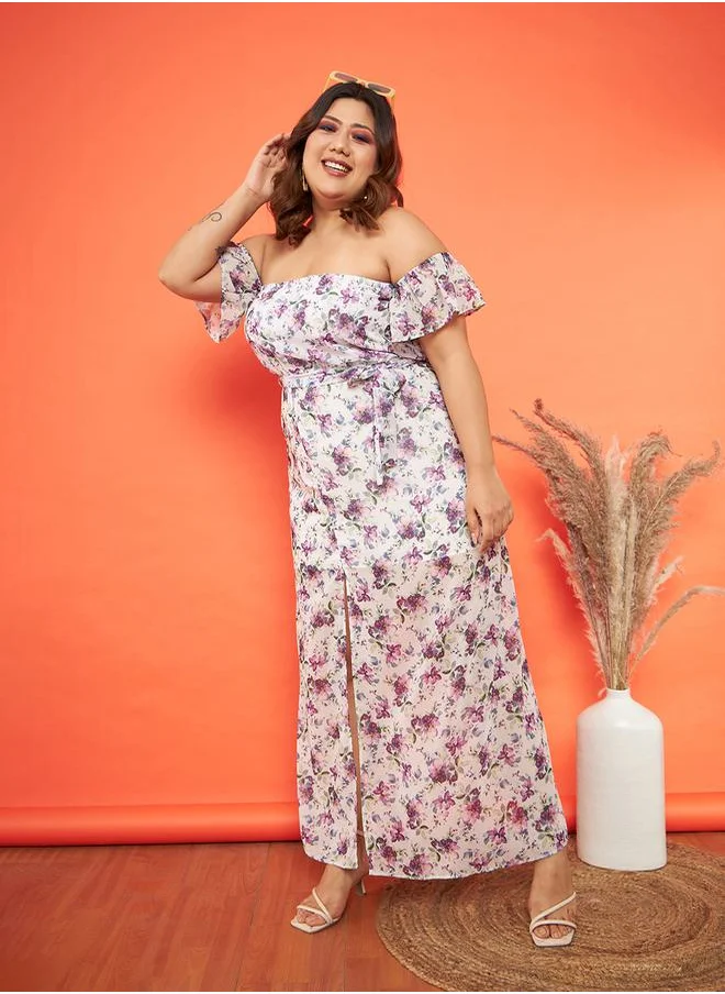 ساسافراس Floral Print Off Shoulder Belted Detail Maxi Dress by Styli