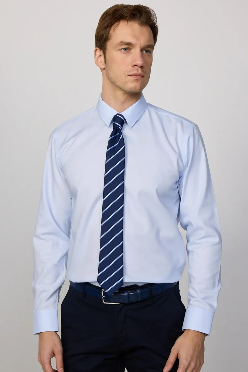 تودورس Men's Slim Fit Slim Cut Long Sleeve 100% Cotton Non-Iron No Ironing Required Blue Shirt