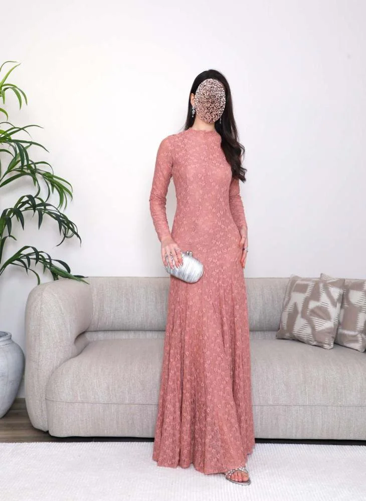 Opera Fashion Dusty Pink Soft Lace Evening Dress with Long Sleeves