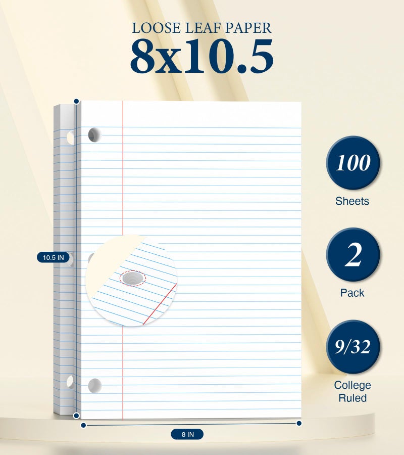 Pinjingpro Loose Leaf Paper  Notebook Paper  8 X 10.5 College Ruled Paper  3 Hole Punch Binder Paper  Lined Paper For 3 Ring Binders  College Ruled Paper  100 Sheets/Pack Filler Paper (2 Pack) - Image 2