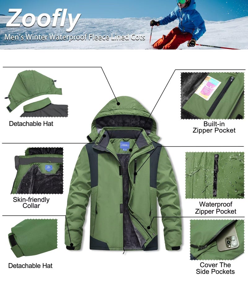 Zoofly Mens Winter Jackets Water Resistant Ripstop Ski Coat for Men Zip Pocket Work Jacket for Men Durable Green 3XL - Image 5