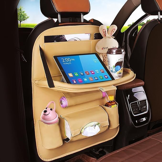 Pritzker Premium PU Leather Car Backseat Organizer with Foldable Tray Table - Universal Multi-Pocket Seat Back Storage, Touchscreen Tablet Holder, Kids Road Trip Travel Essentials, (1-Pack) (Brown) - Image 1