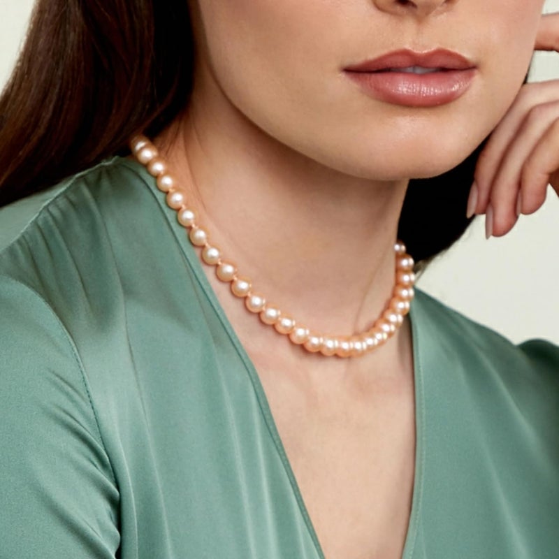 The Pearl Source 7-8mm AAA Quality Round Peach Freshwater Cultured Pearl Necklace for Women in 18" Princess Length - Image 2