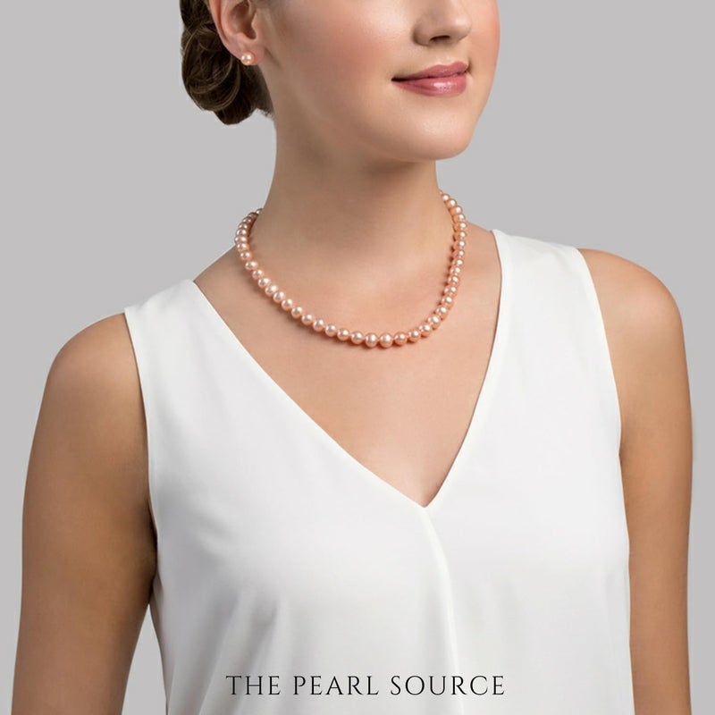 The Pearl Source 7-8mm AAA Quality Round Peach Freshwater Cultured Pearl Necklace for Women in 18" Princess Length - Image 3