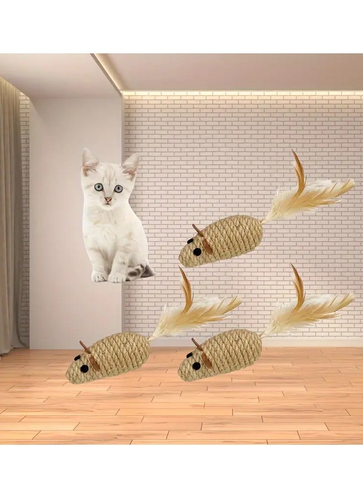 Goolsky - 1pc Interactive Sisal Rope Cat Toy With Feather Tail, Mouse Shape For Kitten Play And Dental Health - Image 1
