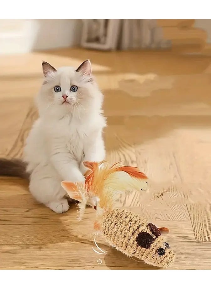 Goolsky - 1pc Interactive Sisal Rope Cat Toy With Feather Tail, Mouse Shape For Kitten Play And Dental Health - Image 1