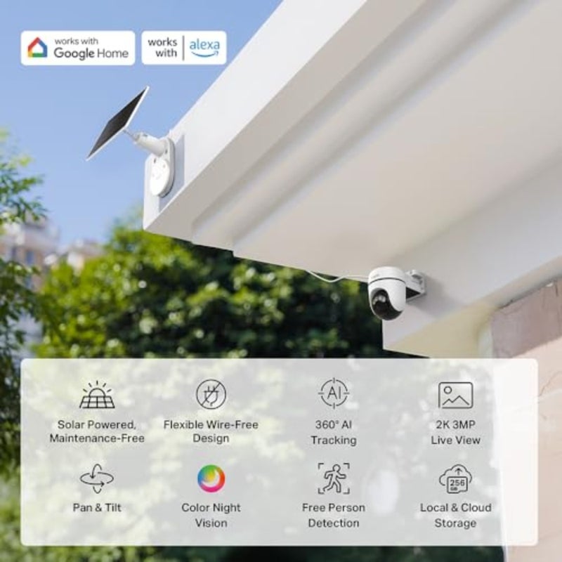 كاميرا C610 Kit 2K 3MP لاسلكية خارجية واي فاي مع لوحة شمسية، كاميرا مراقبة بطارية 360 درجة PTZ 6700 مللي أمبير في الساعة، اكتشاف الإنسان، رؤية ليلية ملونة، تتبع الذكاء الاصطناعي، IP65 - Image 3
