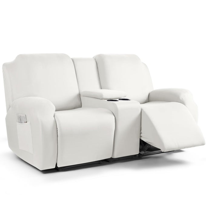 RECLINING LOVESEAT WITH MIDDLE CONSOLE SLIPCOVER 4 PIECE POLYESTER FABRIC STRETCH LOVESEAT RECLINING SOFA COVERS MILK WHITE 2 SEAT RECLINER COVER WITH CONSOLE