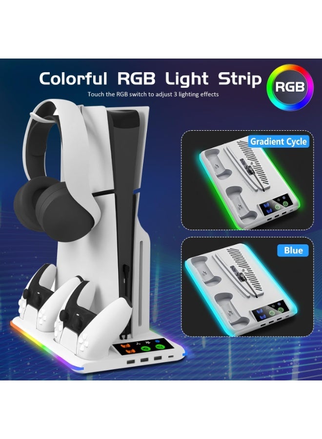 PS5 Stand and Cooling Station with Dual Controller Charging Station, Including Controller Charger, Cooling Fan, RGB LED and USB Hub (Fit for PS5/PS5 slim/PS5 Pro Version) White - Image 5