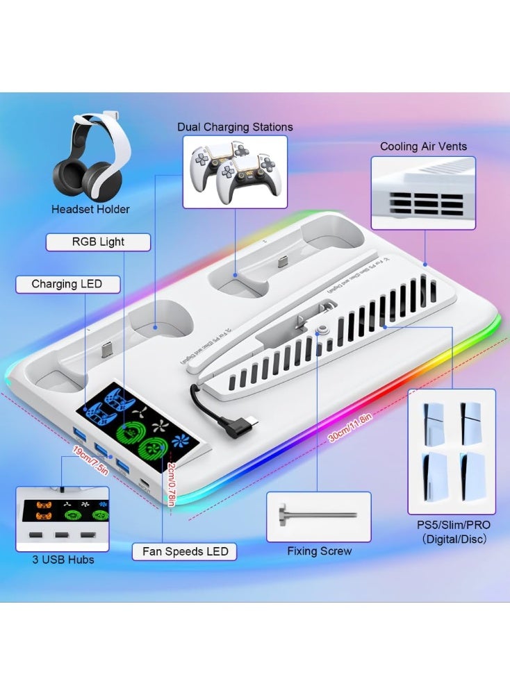 PS5 Stand and Cooling Station with Dual Controller Charging Station, Including Controller Charger, Cooling Fan, RGB LED and USB Hub (Fit for PS5/PS5 slim/PS5 Pro Version) White - Image 2