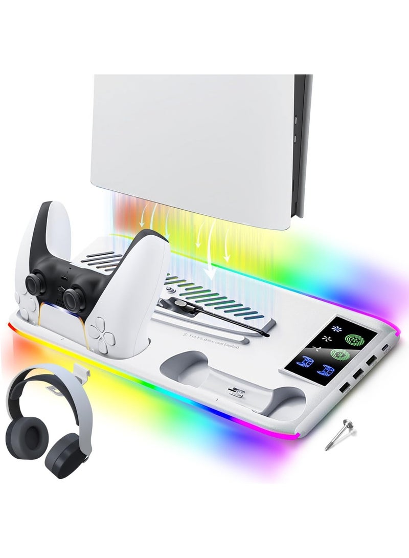 PS5 Stand and Cooling Station with Dual Controller Charging Station, Including Controller Charger, Cooling Fan, RGB LED and USB Hub (Fit for PS5/PS5 slim/PS5 Pro Version) White - Image 1