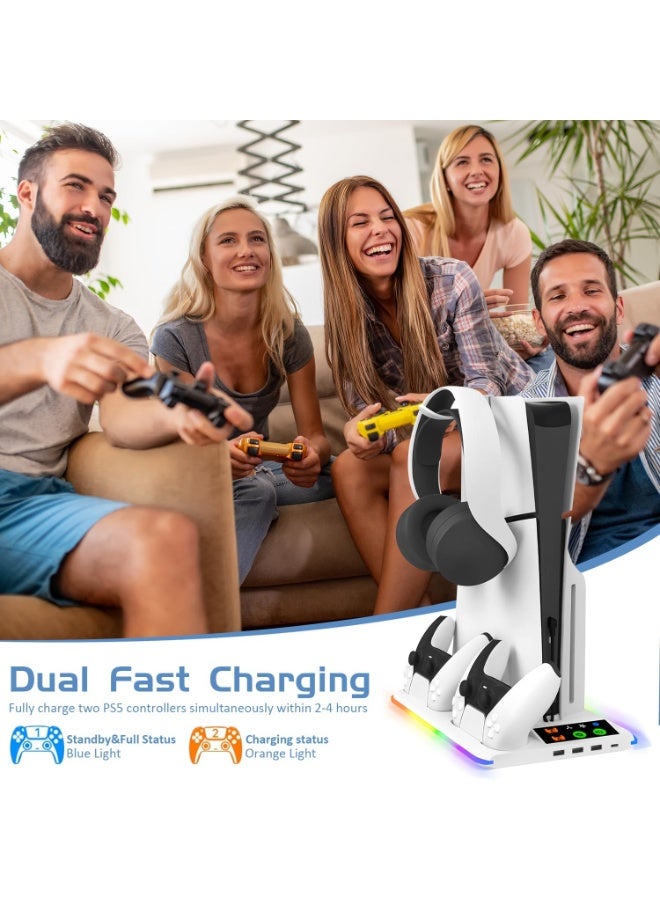 PS5 Stand and Cooling Station with Dual Controller Charging Station, Including Controller Charger, Cooling Fan, RGB LED and USB Hub (Fit for PS5/PS5 slim/PS5 Pro Version) White - Image 4