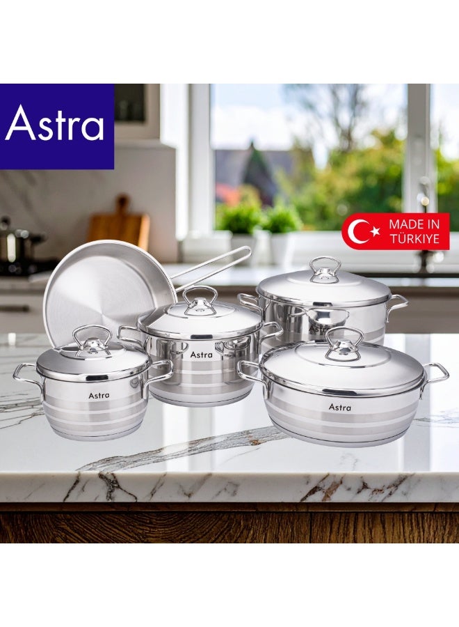 ASTRA 9 Piece 18/10 Stainless Steel Cookware Set Triplex Heavy Capsule Bottom Induction Compatible Made in Türkiye - Image 2