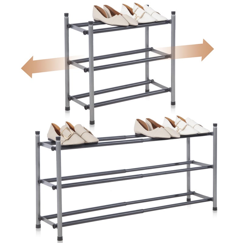 STORAGE MANIAC Expandable Shoe Rack 12 Pairs Stackable Small Shoe Rack Metal Adjustable Shoes Organizer for Closet Entryway Hallway Garage Front Door Shoes Shelves Black 3 Tier