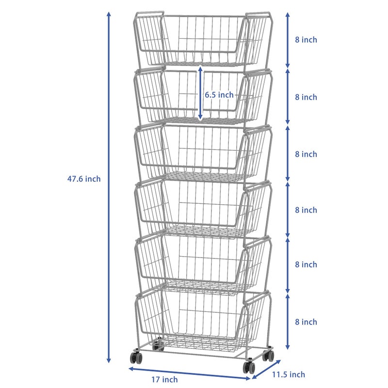 PUSDON Stackable Metal Storage Carts, Dual Use Shelf for Kitchen Fruit Vegetable Baskets with Wheels, Storage Rack for Living Room, Home & Office, Standard Silver Grey 6 Tiers - Image 3